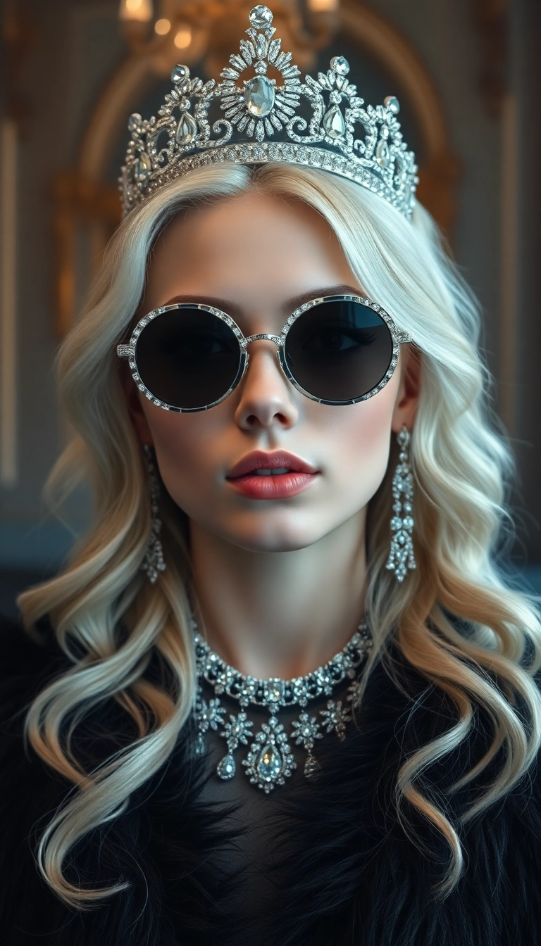 iPhone AI Young Platinum Blonde Queen in Black Fur Appealing Background Copyright-Free Stock Photo